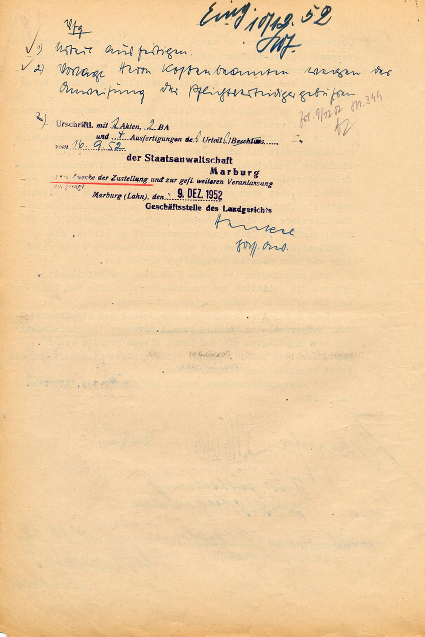 Urteil der großen Strafkammer des Landgerichts Marburg gegen den Schneidermeister Hans Steih wegen Brandstiftung, Landfriedensbruch und einfachen Hausfriedensbruchs. Marburg, 16. September 1952