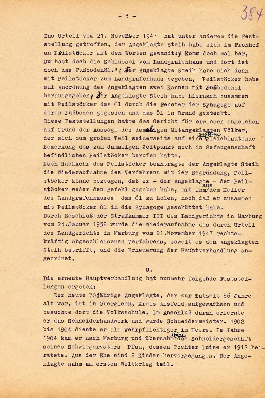 Urteil der großen Strafkammer des Landgerichts Marburg gegen den Schneidermeister Hans Steih wegen Brandstiftung, Landfriedensbruch und einfachen Hausfriedensbruchs. Marburg, 16. September 1952