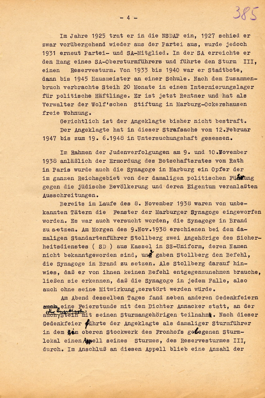 Urteil der großen Strafkammer des Landgerichts Marburg gegen den Schneidermeister Hans Steih wegen Brandstiftung, Landfriedensbruch und einfachen Hausfriedensbruchs. Marburg, 16. September 1952
