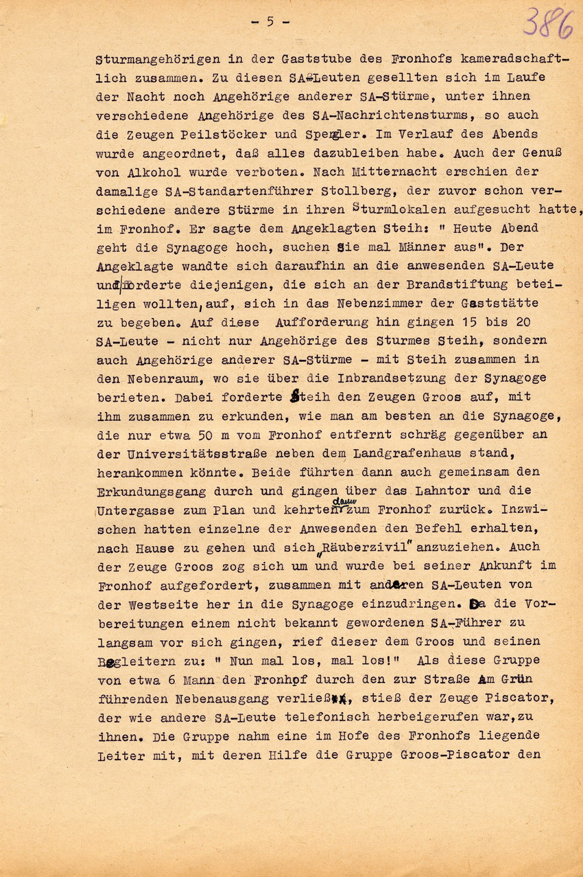 Urteil der großen Strafkammer des Landgerichts Marburg gegen den Schneidermeister Hans Steih wegen Brandstiftung, Landfriedensbruch und einfachen Hausfriedensbruchs. Marburg, 16. September 1952