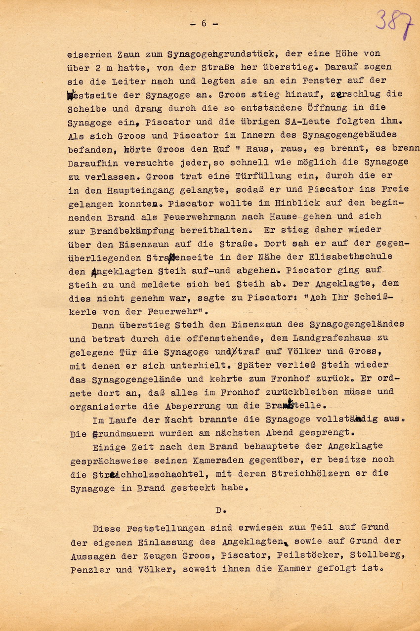 Urteil der großen Strafkammer des Landgerichts Marburg gegen den Schneidermeister Hans Steih wegen Brandstiftung, Landfriedensbruch und einfachen Hausfriedensbruchs. Marburg, 16. September 1952