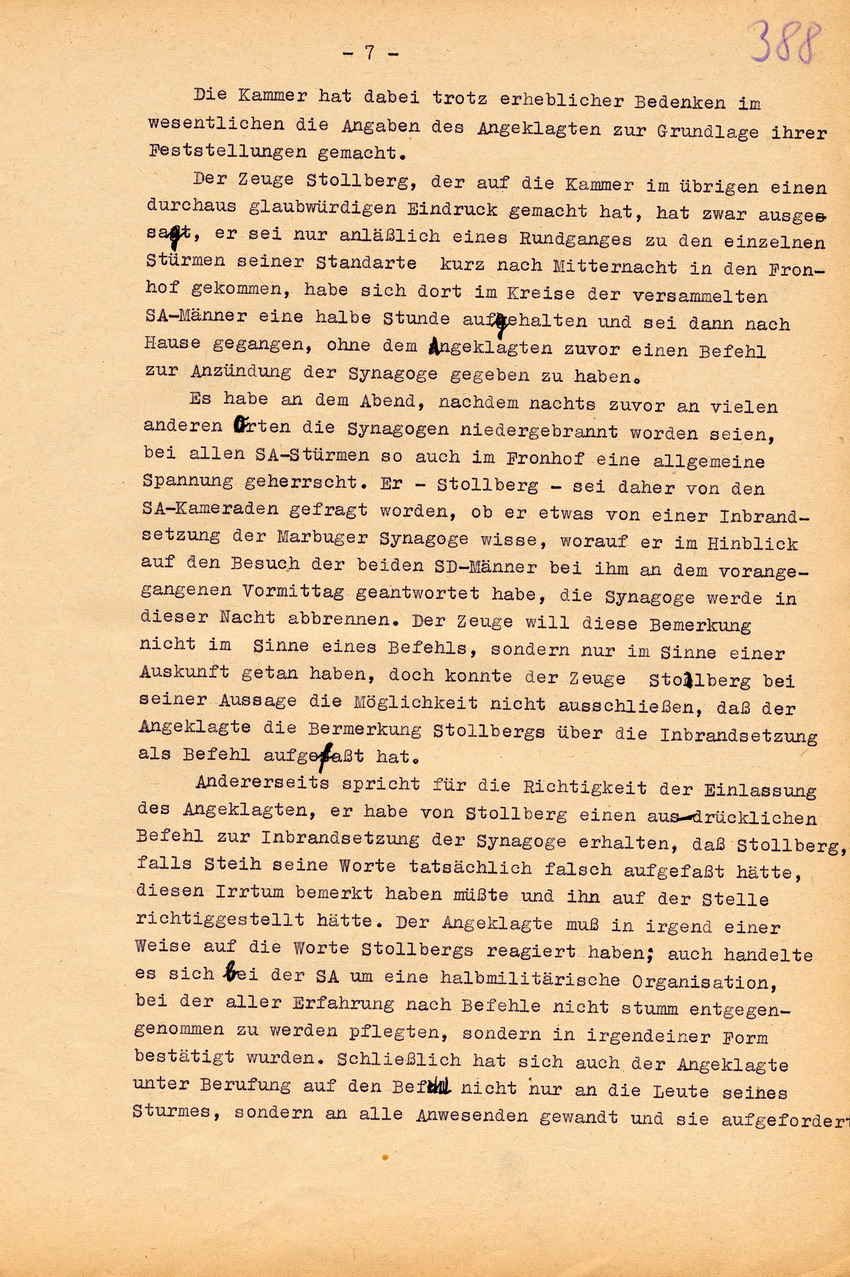 Urteil der großen Strafkammer des Landgerichts Marburg gegen den Schneidermeister Hans Steih wegen Brandstiftung, Landfriedensbruch und einfachen Hausfriedensbruchs. Marburg, 16. September 1952