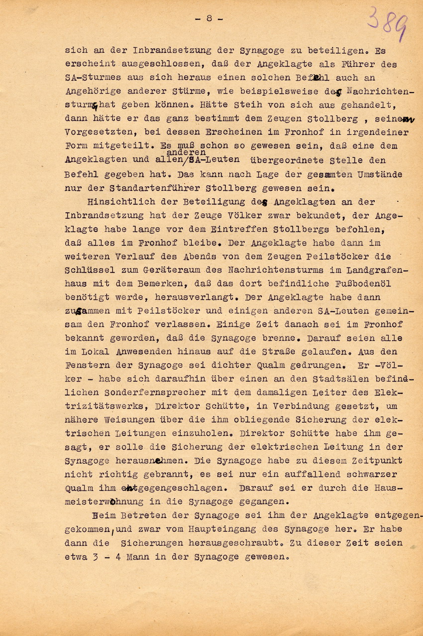 Urteil der großen Strafkammer des Landgerichts Marburg gegen den Schneidermeister Hans Steih wegen Brandstiftung, Landfriedensbruch und einfachen Hausfriedensbruchs. Marburg, 16. September 1952