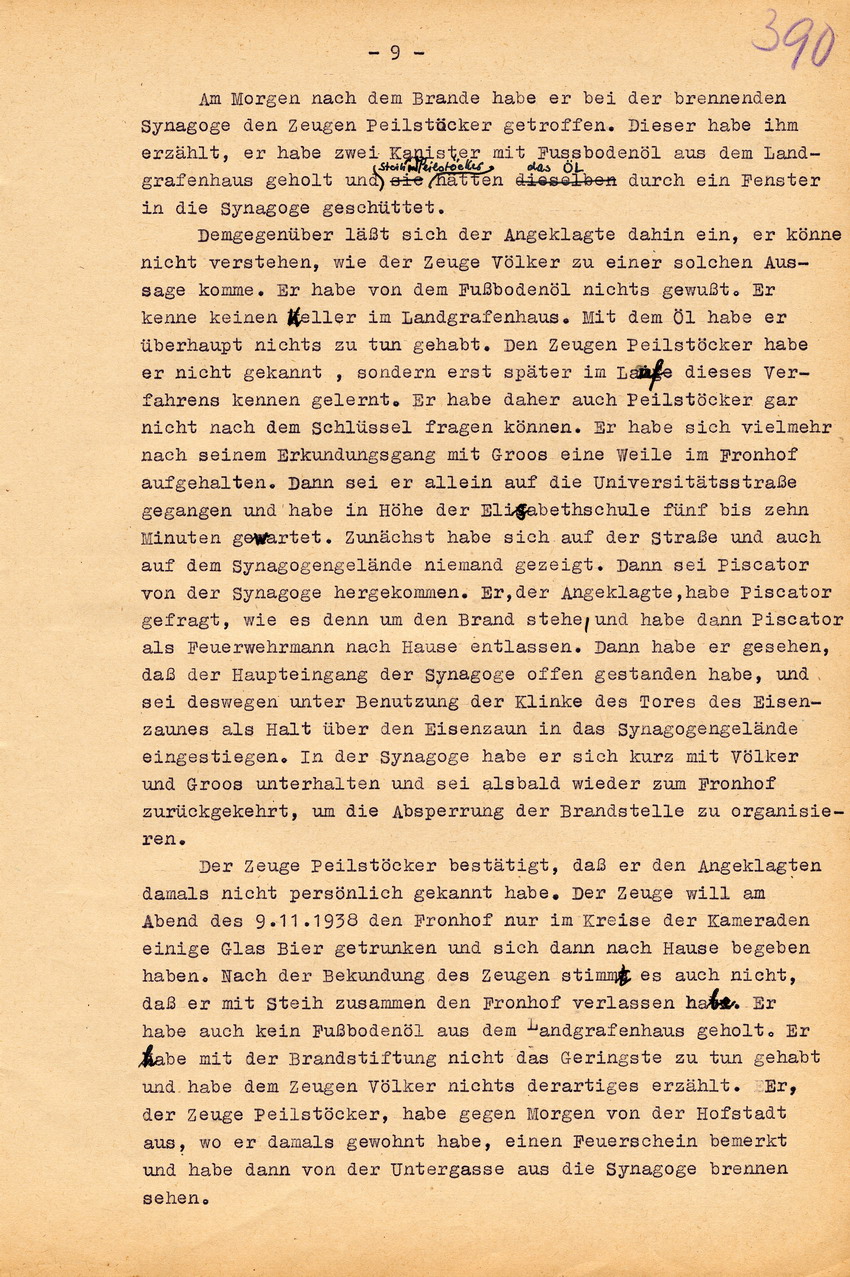 Urteil der großen Strafkammer des Landgerichts Marburg gegen den Schneidermeister Hans Steih wegen Brandstiftung, Landfriedensbruch und einfachen Hausfriedensbruchs. Marburg, 16. September 1952