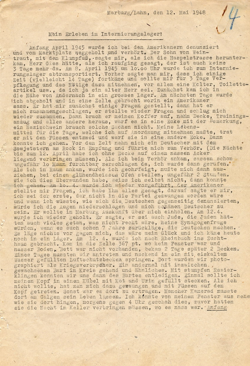 Hans Steih: "Mein Erleben im Internierungslager!" Marburg, 12. Mai 1948.