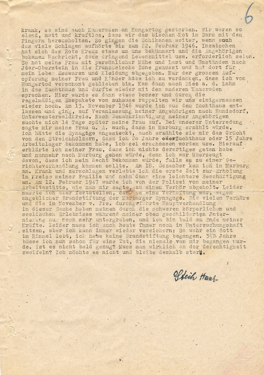 Hans Steih: "Mein Erleben im Internierungslager!" Marburg, 12. Mai 1948.
