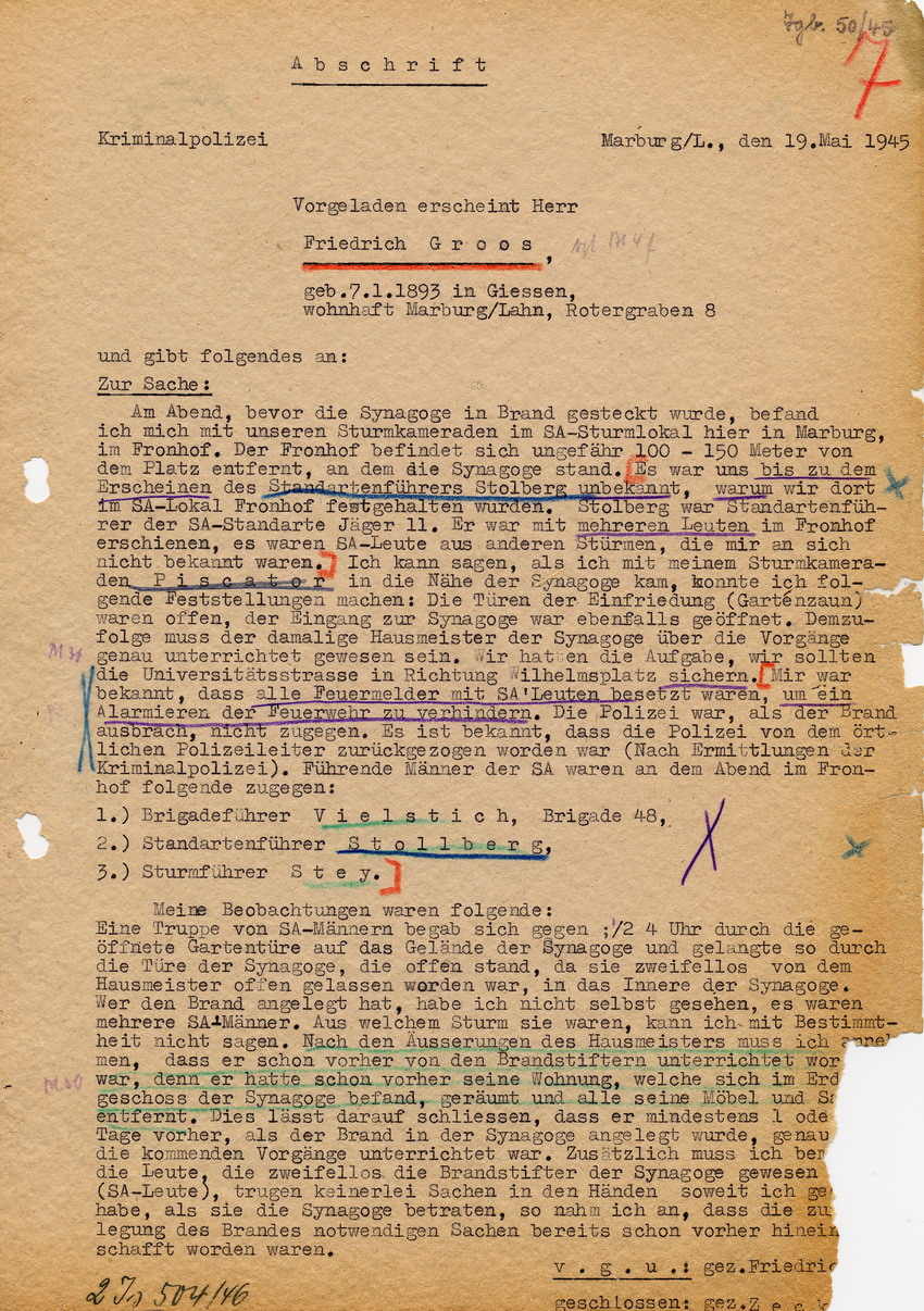 Kriminalpolizei Marburg betreffend die Brandstiftung in der Synagoge in der Universitätsstraße in Marburg, Aussage von Friedrich Gross. Marburg, 19. Mai 1945