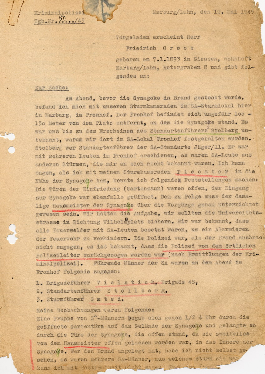Kriminalpolizei Marburg betreffend die Brandstiftung an der Marburger Synagoge im Zuge des Novemberpogroms 1938. Aussage von Friedrich Groos. Marburg, 19. Mai 1945