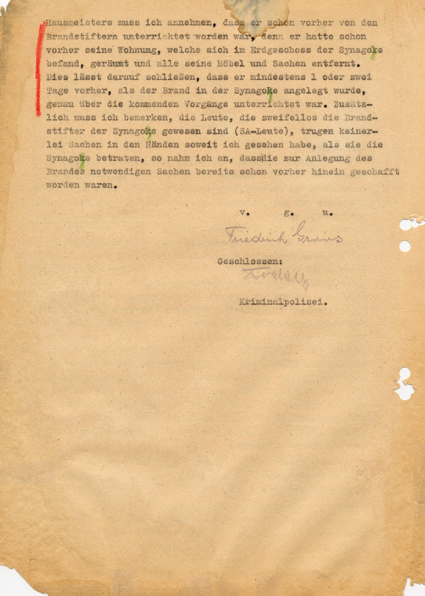 Kriminalpolizei Marburg betreffend die Brandstiftung an der Marburger Synagoge im Zuge des Novemberpogroms 1938. Aussage von Friedrich Groos. Marburg, 19. Mai 1945