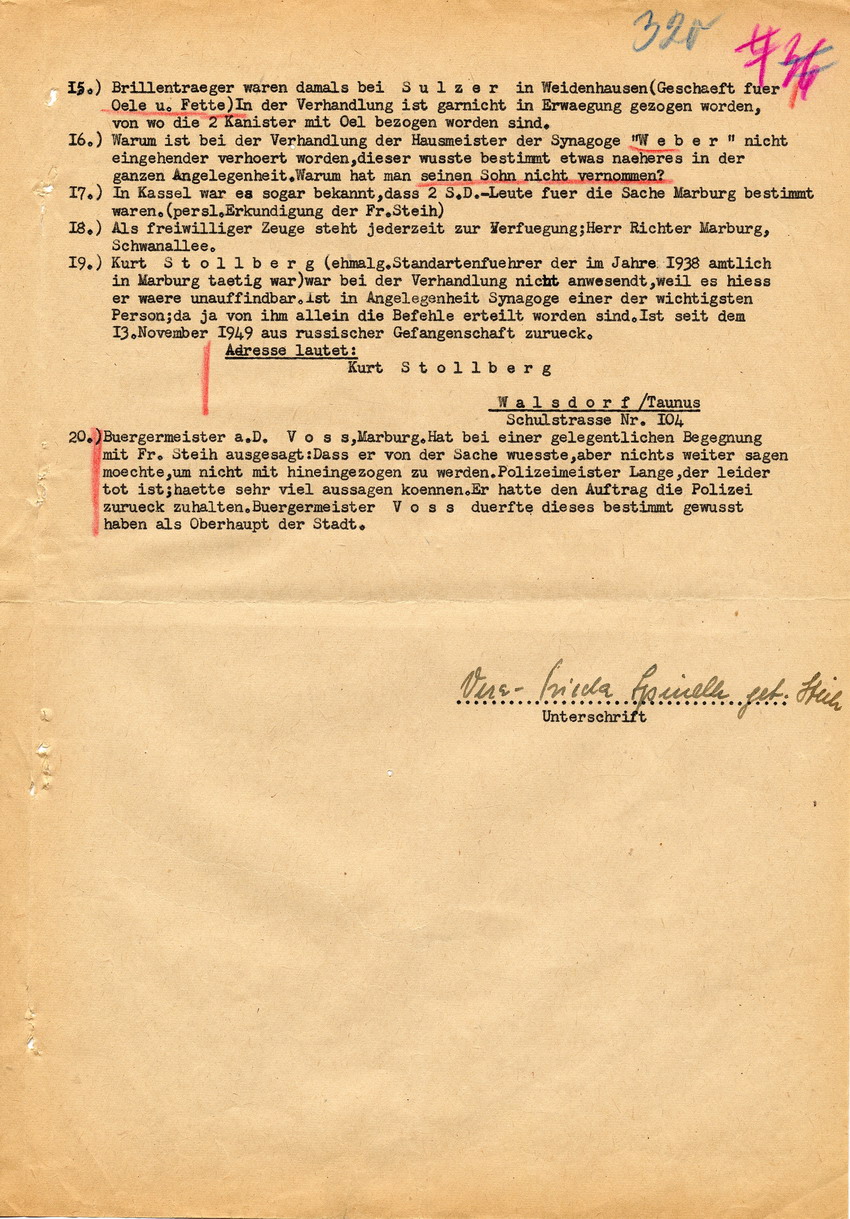 Staatsanwaltschaftliche Aufzeichnung betr. eine Unterredung zwischen Luise Steih und dem Oberstaatsanwalt Schulz über bis dahin in der Hauptverhandlung gegen Hans Steih nicht berücksichtigte Untersuchungstatbestände, 04. Dezember 1949.