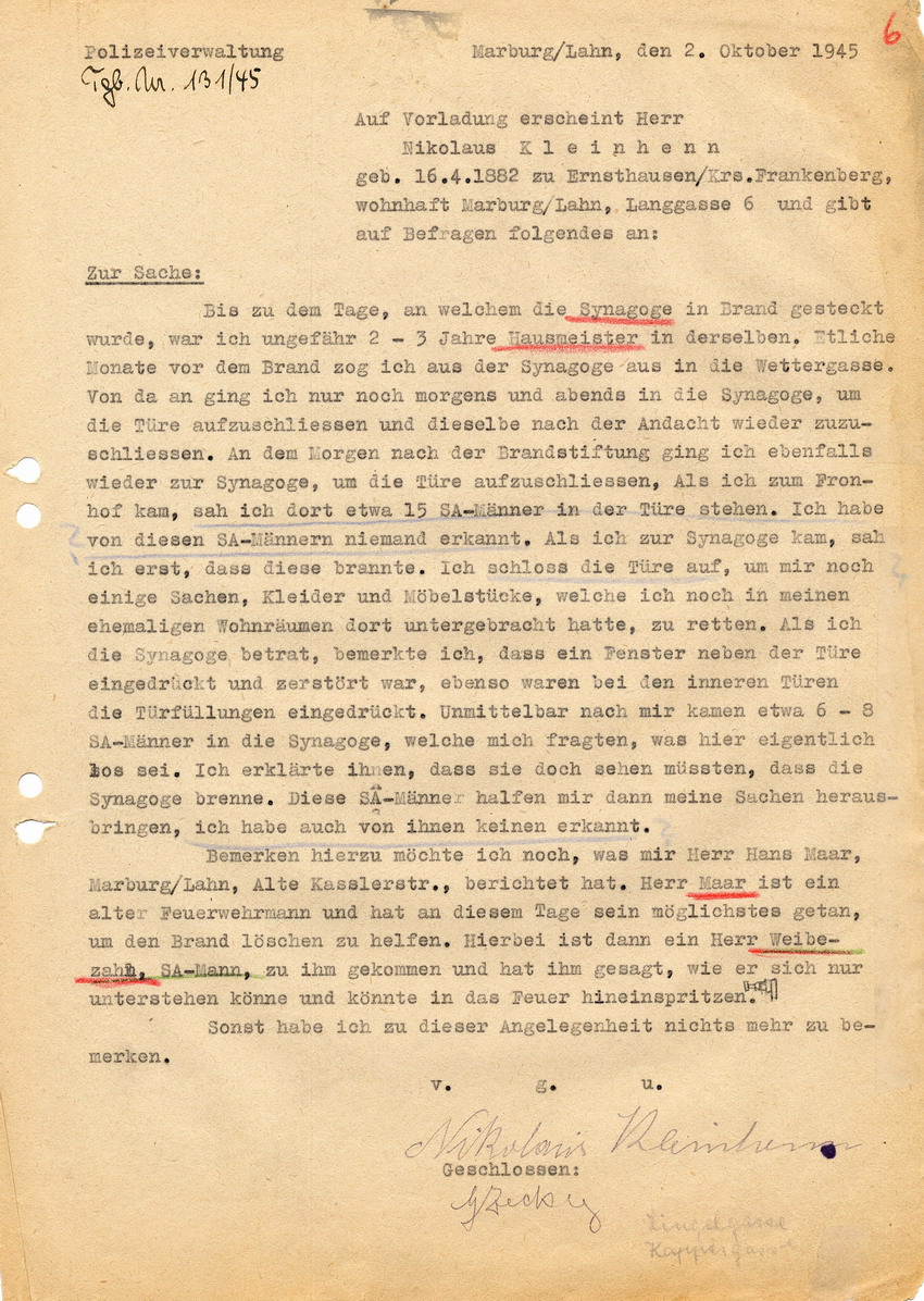 Polizeiverwaltung Marburg betreffend die Brandstiftung an der Marburger Synagoge im Zuge des Novemberpogroms 1938. Aussage des Hausmeisters der Synagoge in Marburg, Nikolaus Kleinhenn. Marburg, 02. Oktober 1945