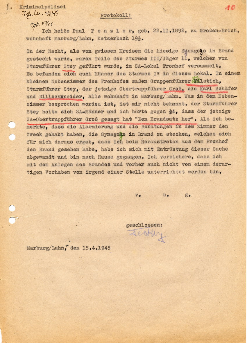 Kriminalpolizei Marburg betreffend die Brandstiftung an der Marburger Synagoge im Zuge des Novemberpogroms 1938. Aussage des SA Scharführers Paul Penzlers. Marburg, 15. April 1945