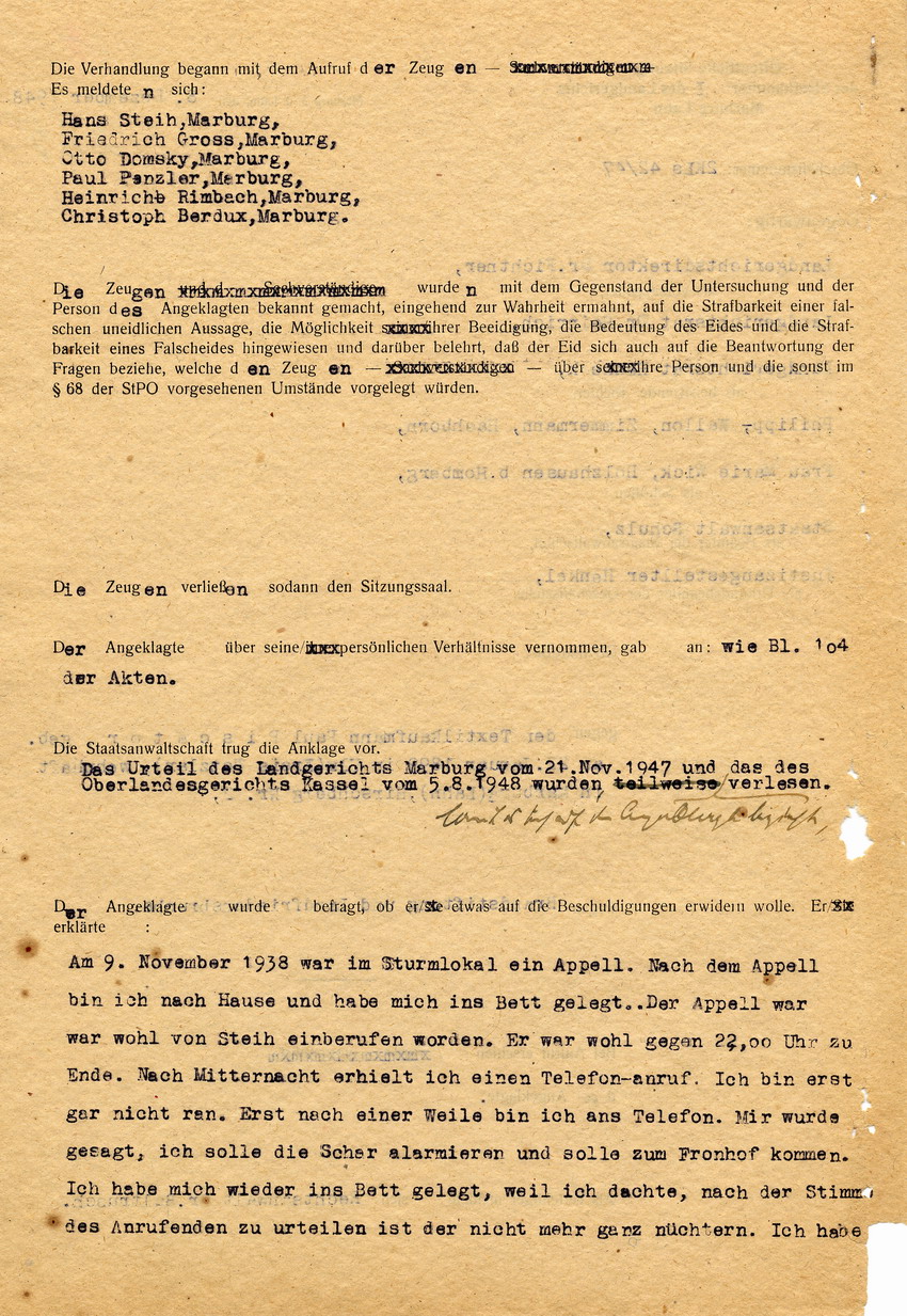 Mitschrift zur Sitzung der Strafkammer des Landgerichts Marburg betreffend die Anklage gegen Paul Piscator wegen Brandstiftung an der Synagoge in Marburg. Marburg, 08. Dezember 1948