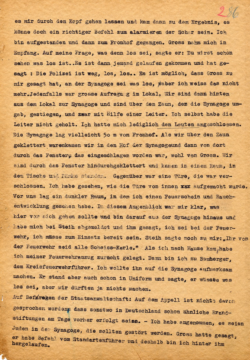Mitschrift zur Sitzung der Strafkammer des Landgerichts Marburg betreffend die Anklage gegen Paul Piscator wegen Brandstiftung an der Synagoge in Marburg. Marburg, 08. Dezember 1948