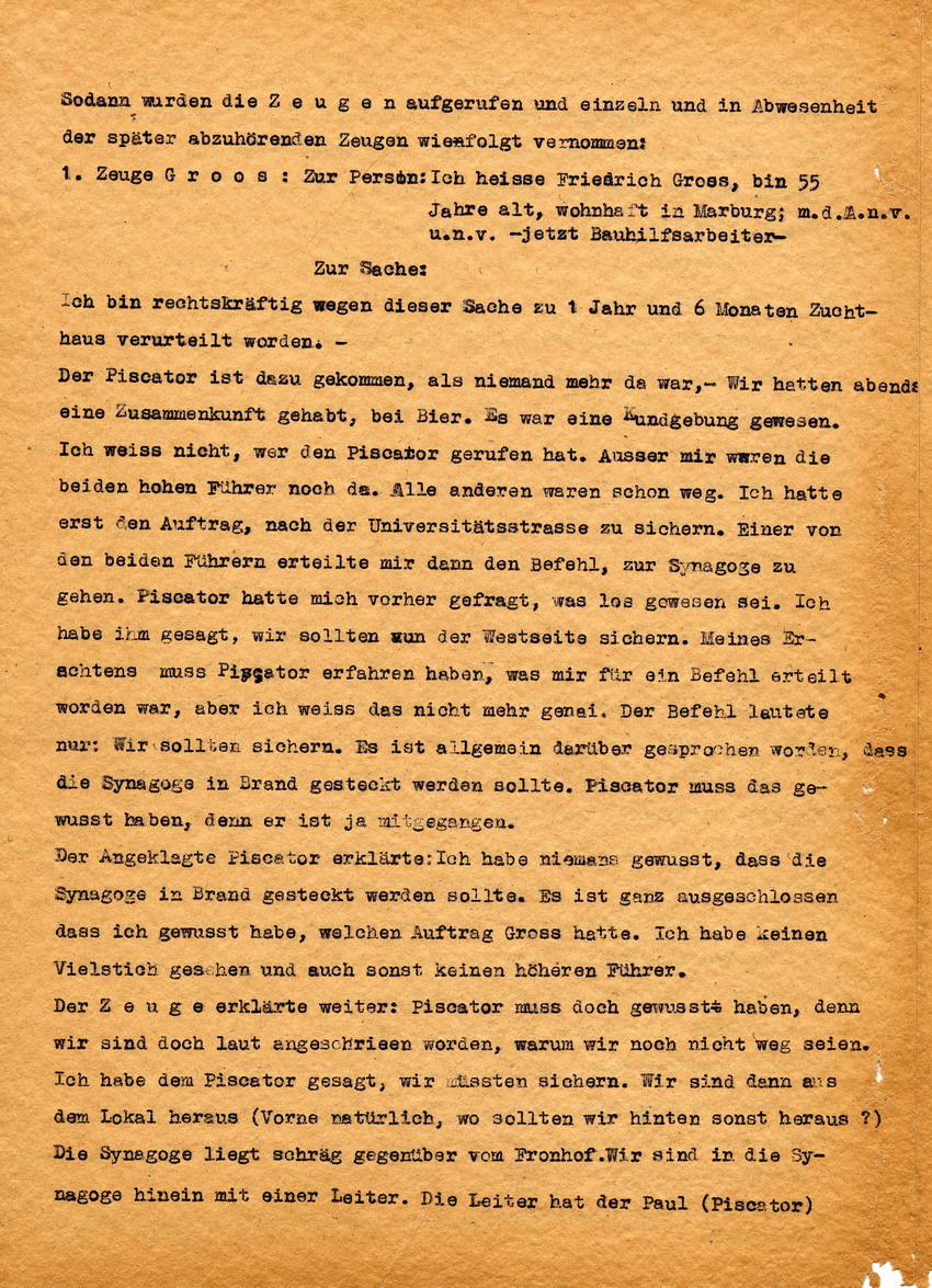 Mitschrift zur Sitzung der Strafkammer des Landgerichts Marburg betreffend die Anklage gegen Paul Piscator wegen Brandstiftung an der Synagoge in Marburg. Marburg, 08. Dezember 1948