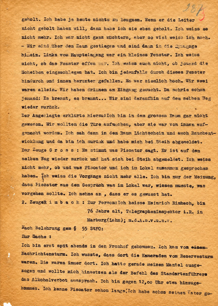 Mitschrift zur Sitzung der Strafkammer des Landgerichts Marburg betreffend die Anklage gegen Paul Piscator wegen Brandstiftung an der Synagoge in Marburg. Marburg, 08. Dezember 1948