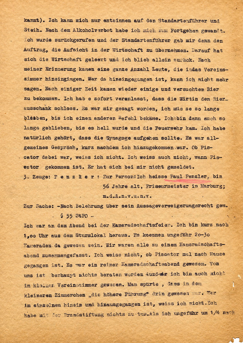 Mitschrift zur Sitzung der Strafkammer des Landgerichts Marburg betreffend die Anklage gegen Paul Piscator wegen Brandstiftung an der Synagoge in Marburg. Marburg, 08. Dezember 1948