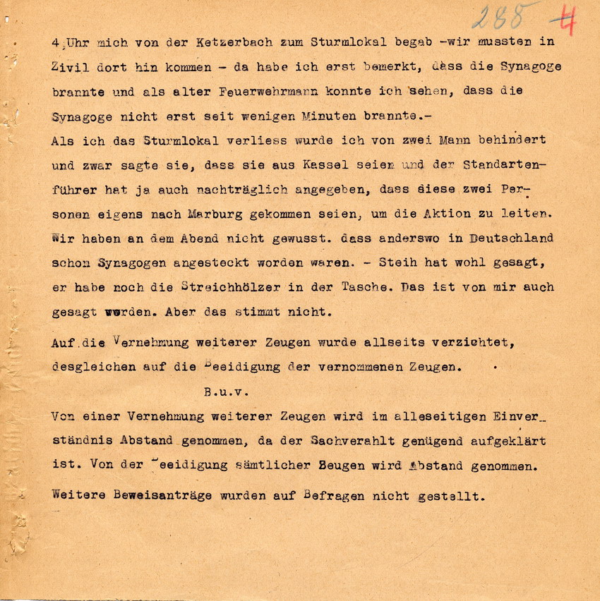 Mitschrift zur Sitzung der Strafkammer des Landgerichts Marburg betreffend die Anklage gegen Paul Piscator wegen Brandstiftung an der Synagoge in Marburg. Marburg, 08. Dezember 1948
