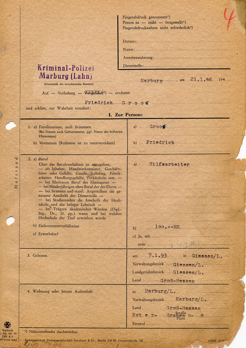 Kriminalpolizei Marburg betreffend die Brandstiftung an der Marburger Synagoge im Zuge des Novemberpogroms 1938. Aussage des Angeklagten Friedrich Groos. Marburg, 21. Januar 1946