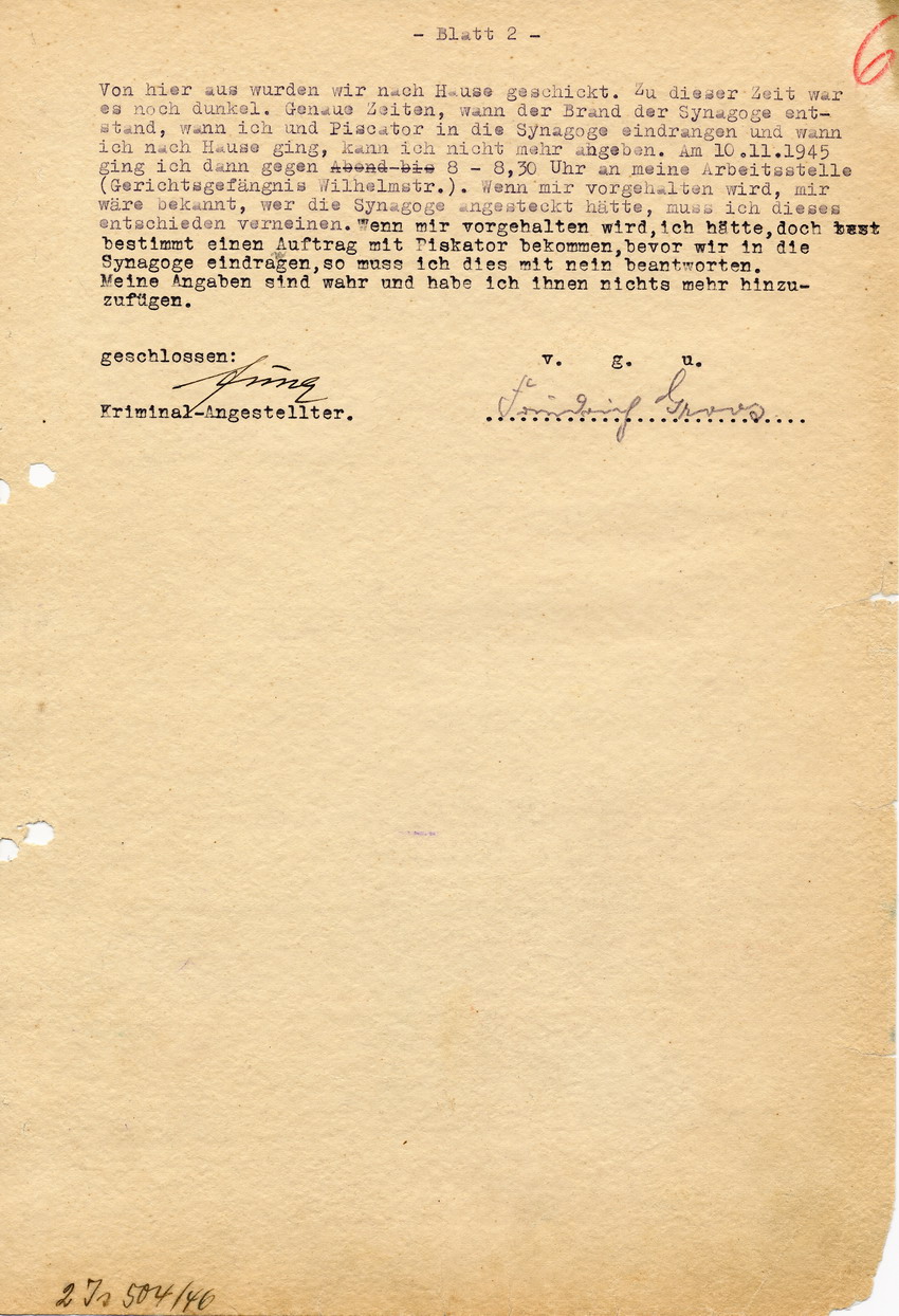 Kriminalpolizei Marburg betreffend die Brandstiftung an der Marburger Synagoge im Zuge des Novemberpogroms 1938. Aussage des Angeklagten Friedrich Groos. Marburg, 21. Januar 1946