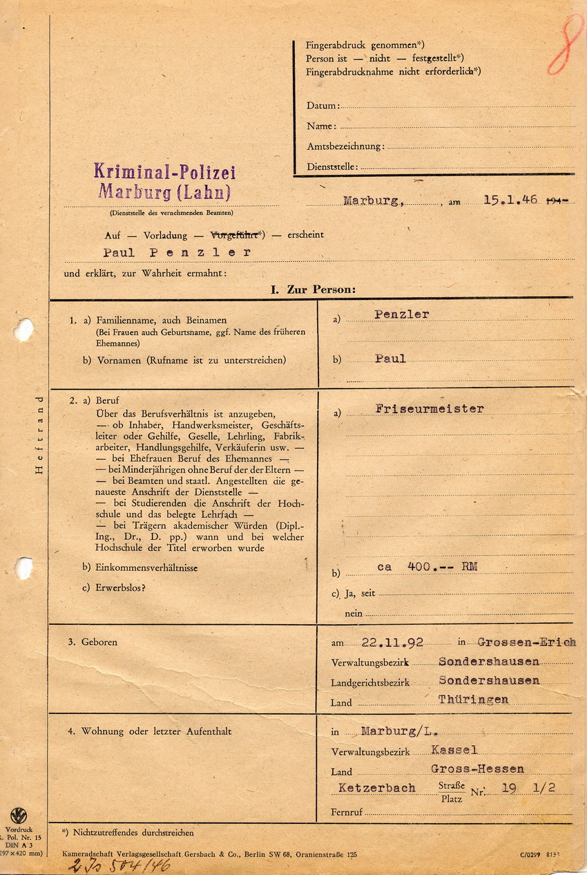 Kriminalpolizei Marburg betreffend die Brandstiftung an der Marburger Synagoge im Zuge des Novemberpogroms 1938. Aussage von Paul Penzler. 15. Januar 1946