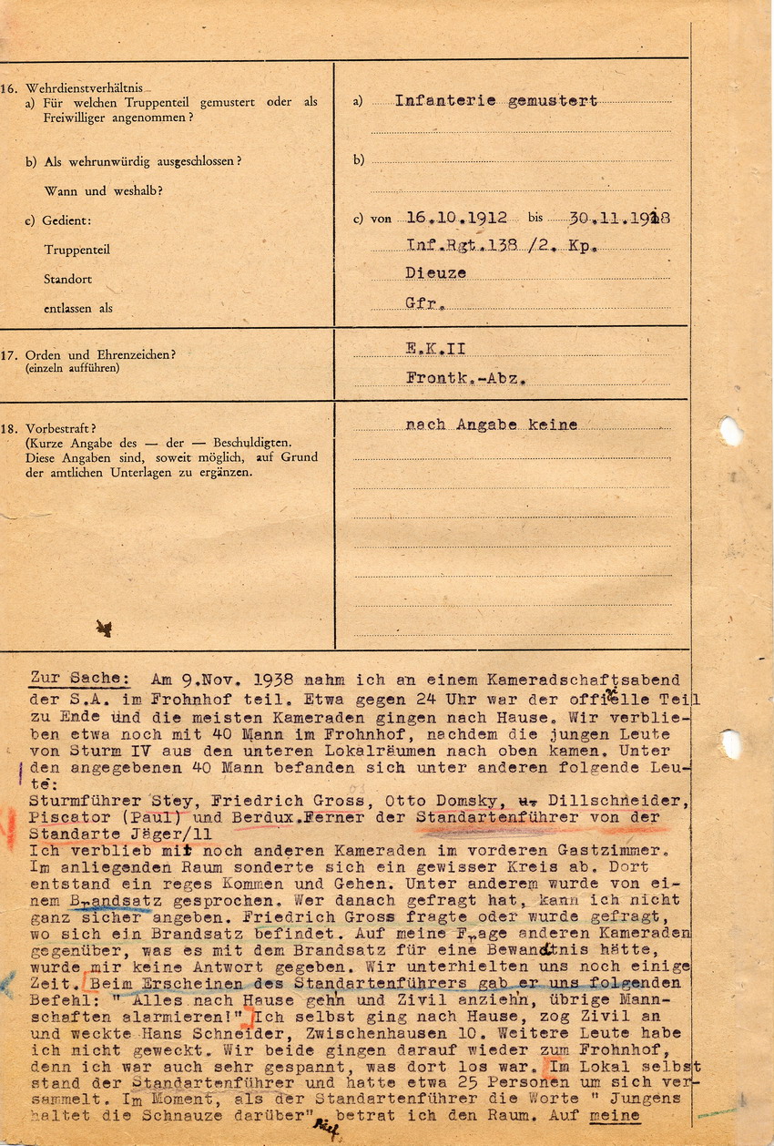 Kriminalpolizei Marburg betreffend die Brandstiftung an der Marburger Synagoge im Zuge des Novemberpogroms 1938. Aussage von Paul Penzler. 15. Januar 1946