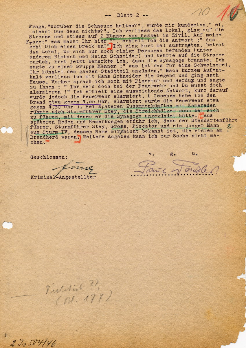 Kriminalpolizei Marburg betreffend die Brandstiftung an der Marburger Synagoge im Zuge des Novemberpogroms 1938. Aussage von Paul Penzler. 15. Januar 1946