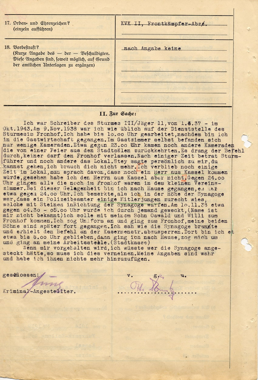 Ortspolizeibehörde Marburg betreffend die Brandstiftung an der Marburger Synagoge im Zuge des Novemberpogroms 1938. Aussage von Otto Domsky. Marburg, 05. Februar 1946