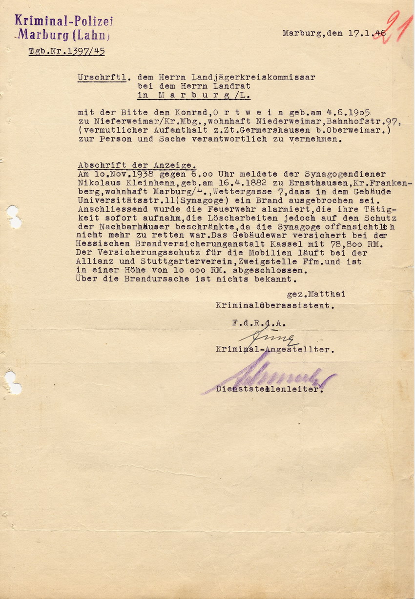 Kriminalpolizei Marburg an den Landjägerkreiskommissar bei dem Herrn Landrat in Marburg betreffend die Brandstiftung an der Marburger Synagoge im Zuge des Novemberpogroms 1938. 17. Januar 1946