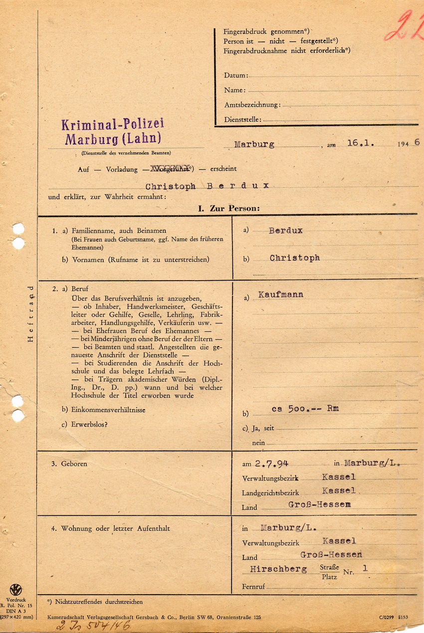 Kriminalpolizei Marburg betreffend die Brandstiftung an der Marburger Synagoge im Zuge des Novemberpogroms 1938. Aussage von Strahlrohrführer Christoph Berdux. 16. Januar 1946