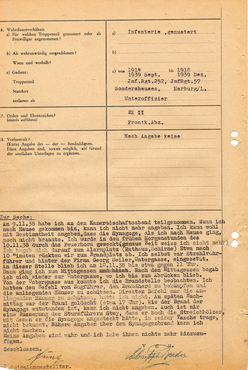 Kriminalpolizei Marburg betreffend die Brandstiftung an der Marburger Synagoge im Zuge des Novemberpogroms 1938. Aussage von Strahlrohrführer Christoph Berdux. 16. Januar 1946