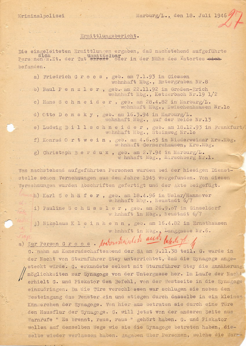 Ermittlungsbericht der Kriminalpolizei Marburg betreffend die Brandstiftung an der Marburger Synagoge im Zuge des Novemberpogroms 1938. Marburg, 18. Juli 1946