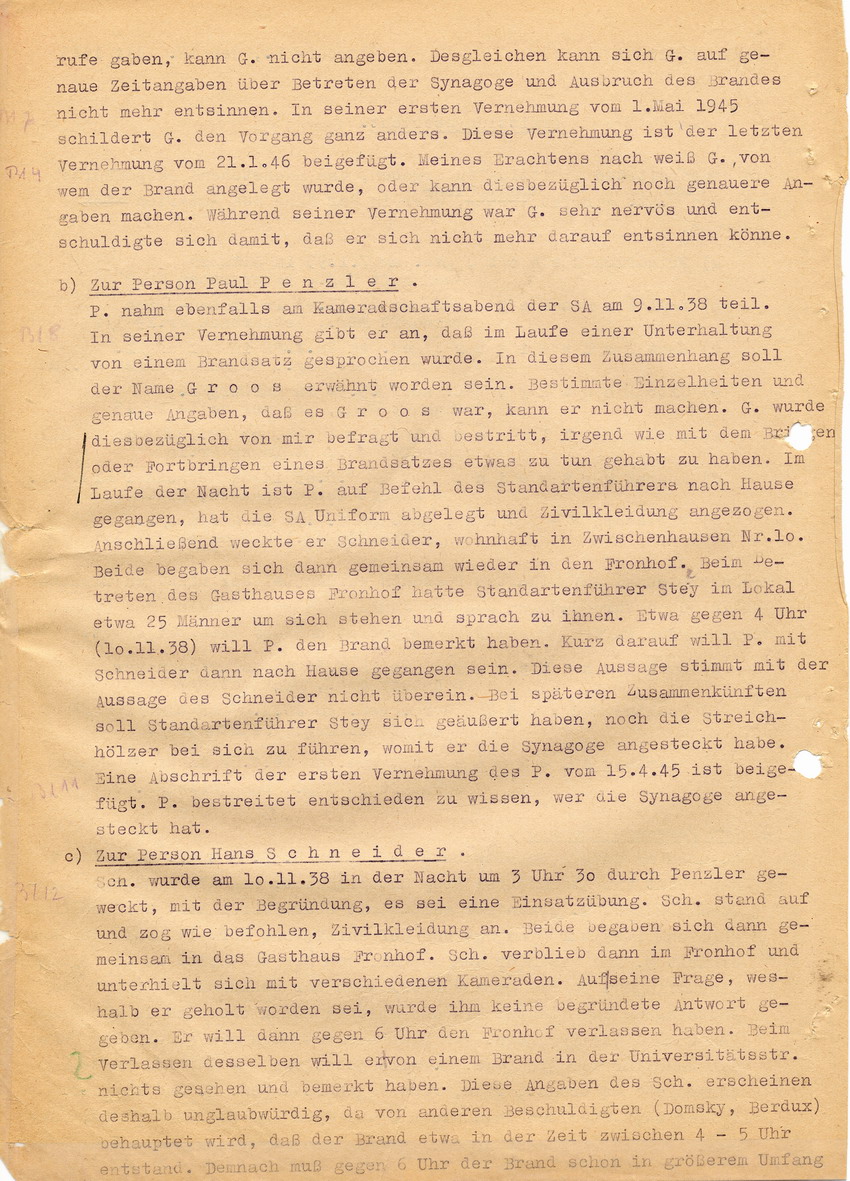 Ermittlungsbericht der Kriminalpolizei Marburg betreffend die Brandstiftung an der Marburger Synagoge im Zuge des Novemberpogroms 1938. Marburg, 18. Juli 1946
