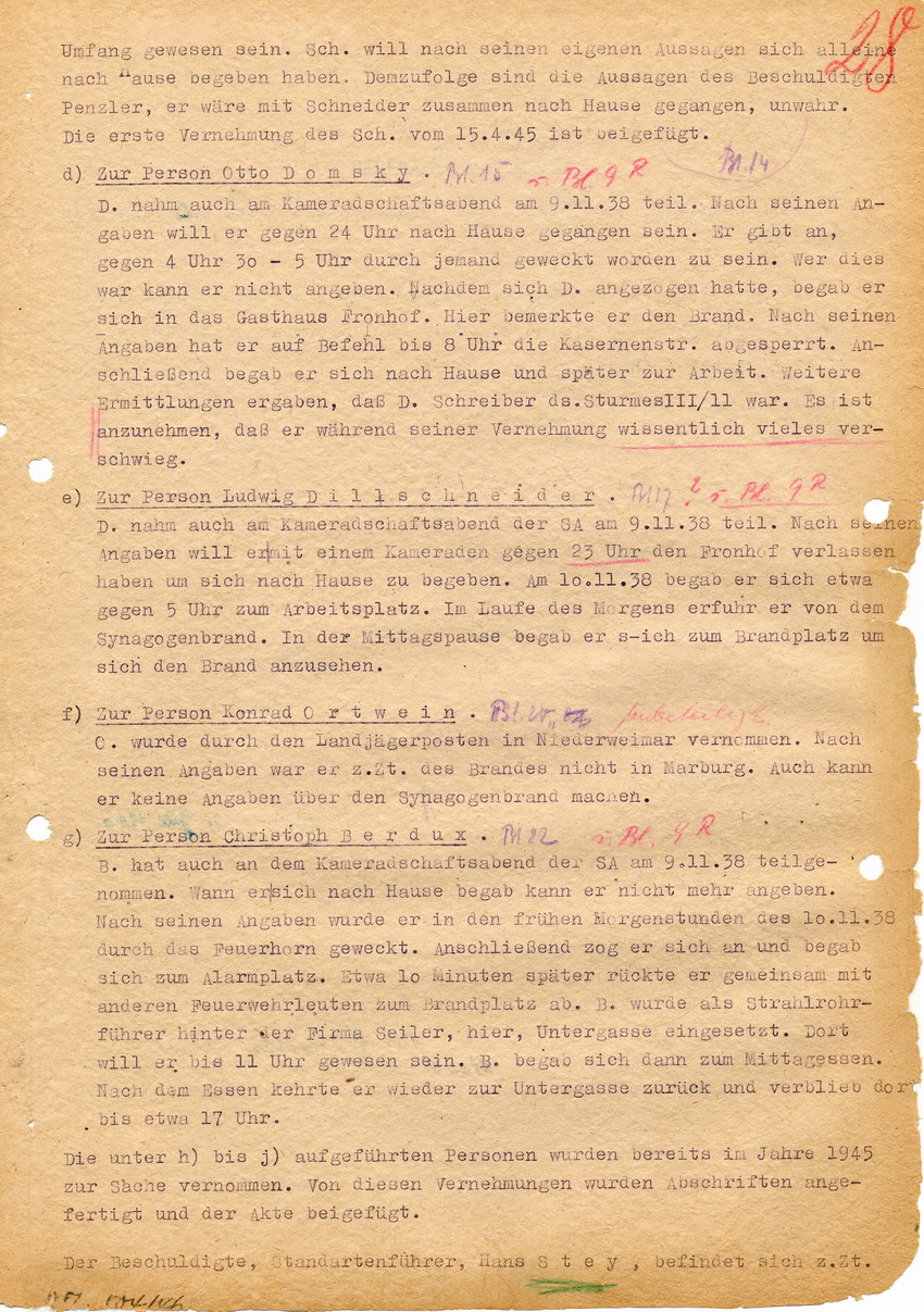 Ermittlungsbericht der Kriminalpolizei Marburg betreffend die Brandstiftung an der Marburger Synagoge im Zuge des Novemberpogroms 1938. Marburg, 18. Juli 1946