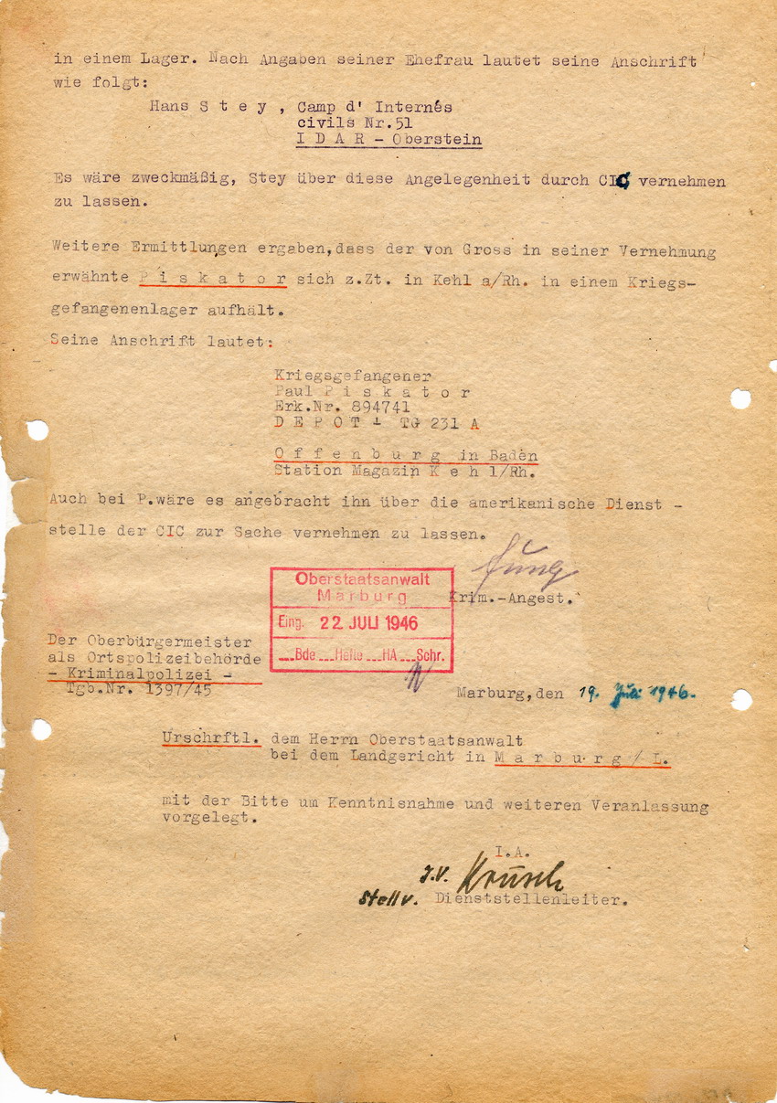 Ermittlungsbericht der Kriminalpolizei Marburg betreffend die Brandstiftung an der Marburger Synagoge im Zuge des Novemberpogroms 1938. Marburg, 18. Juli 1946