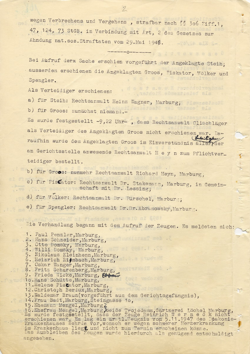 Hauptverhandlung der Strafkammer l des Landgerichts Marburg betr. die Strafsache wg. Inbrandsetzung der Synagoge in Marburg gegen Steih u.a. , 1. Verhandlungstag, 14. November 1947 [Dokumentenabschnitt 1]