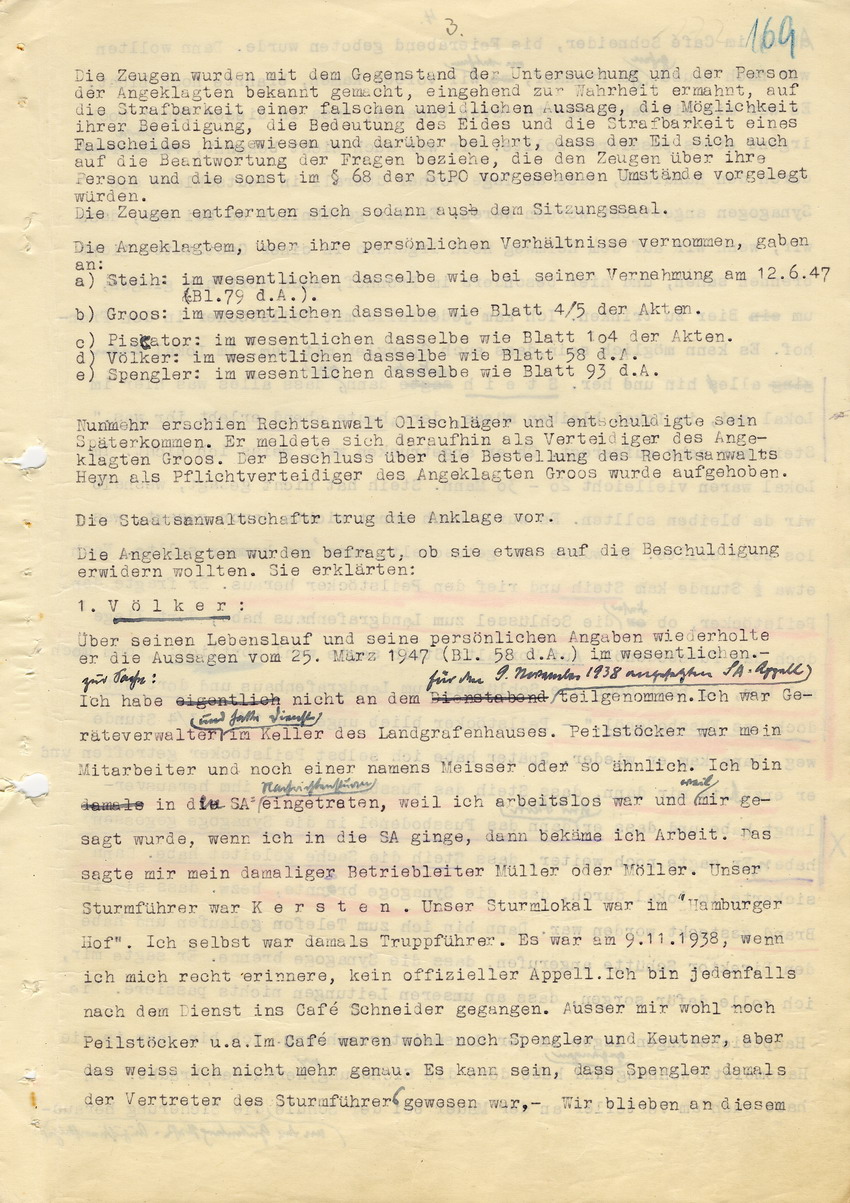 Hauptverhandlung der Strafkammer l des Landgerichts Marburg betr. die Strafsache wg. Inbrandsetzung der Synagoge in Marburg gegen Steih u.a. , 1. Verhandlungstag, 14. November 1947 [Dokumentenabschnitt 1]