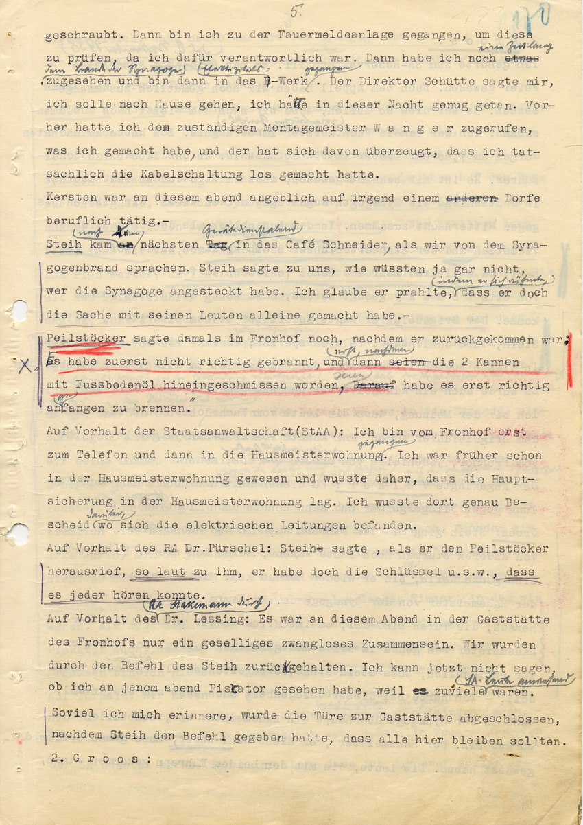 Hauptverhandlung der Strafkammer l des Landgerichts Marburg betr. die Strafsache wg. Inbrandsetzung der Synagoge in Marburg gegen Steih u.a. , 1. Verhandlungstag, 14. November 1947 [Dokumentenabschnitt 1]