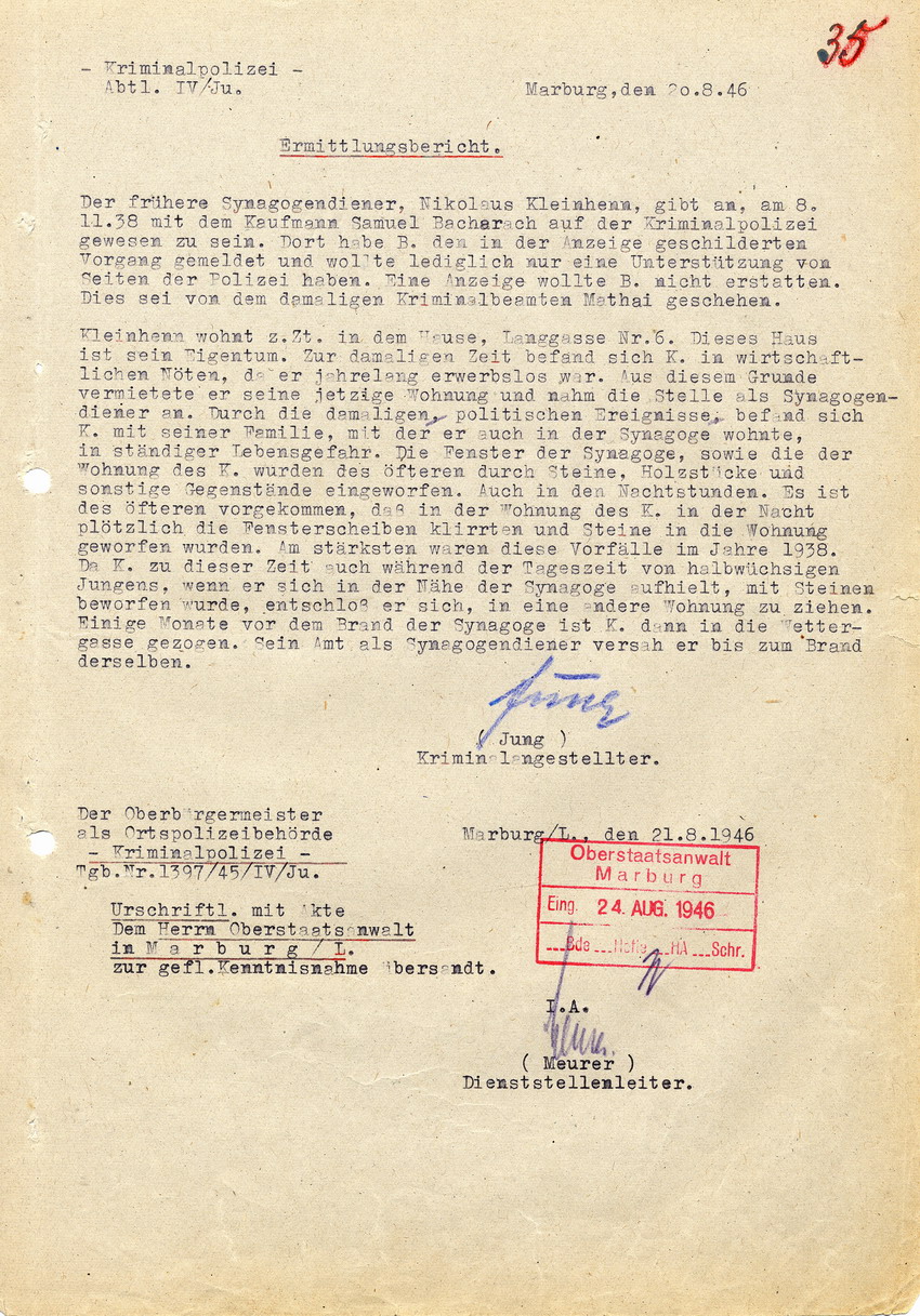 Kriminalpolizei an den Oberbürgermeister als Ortspolizeibehörde betreffend den Ermittlungsbericht  über die Brandstiftung an der Marburger Synagoge 1938. Aussage des Synagogendieners Nikolaus Kleinhenn. Marburg, 20. August 1946