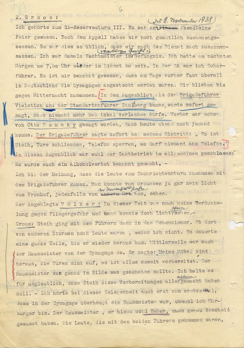 Hauptverhandlung der Strafkammer l des Landgerichts Marburg betr. die Strafsache wg. Inbrandsetzung der Synagoge in Marburg gegen Steih u.a. , 1. Verhandlungstag, 14. November 1947 [Dokumentenabschnitt 2]