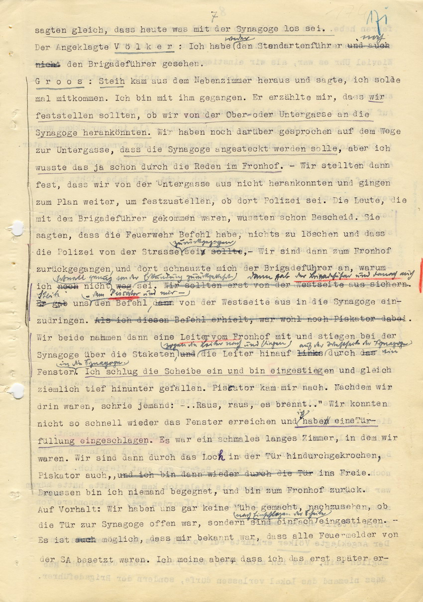 Hauptverhandlung der Strafkammer l des Landgerichts Marburg betr. die Strafsache wg. Inbrandsetzung der Synagoge in Marburg gegen Steih u.a. , 1. Verhandlungstag, 14. November 1947 [Dokumentenabschnitt 2]