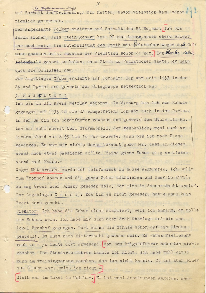 Hauptverhandlung der Strafkammer l des Landgerichts Marburg betr. die Strafsache wg. Inbrandsetzung der Synagoge in Marburg gegen Steih u.a. , 1. Verhandlungstag, 14. November 1947 [Dokumentenabschnitt 2]