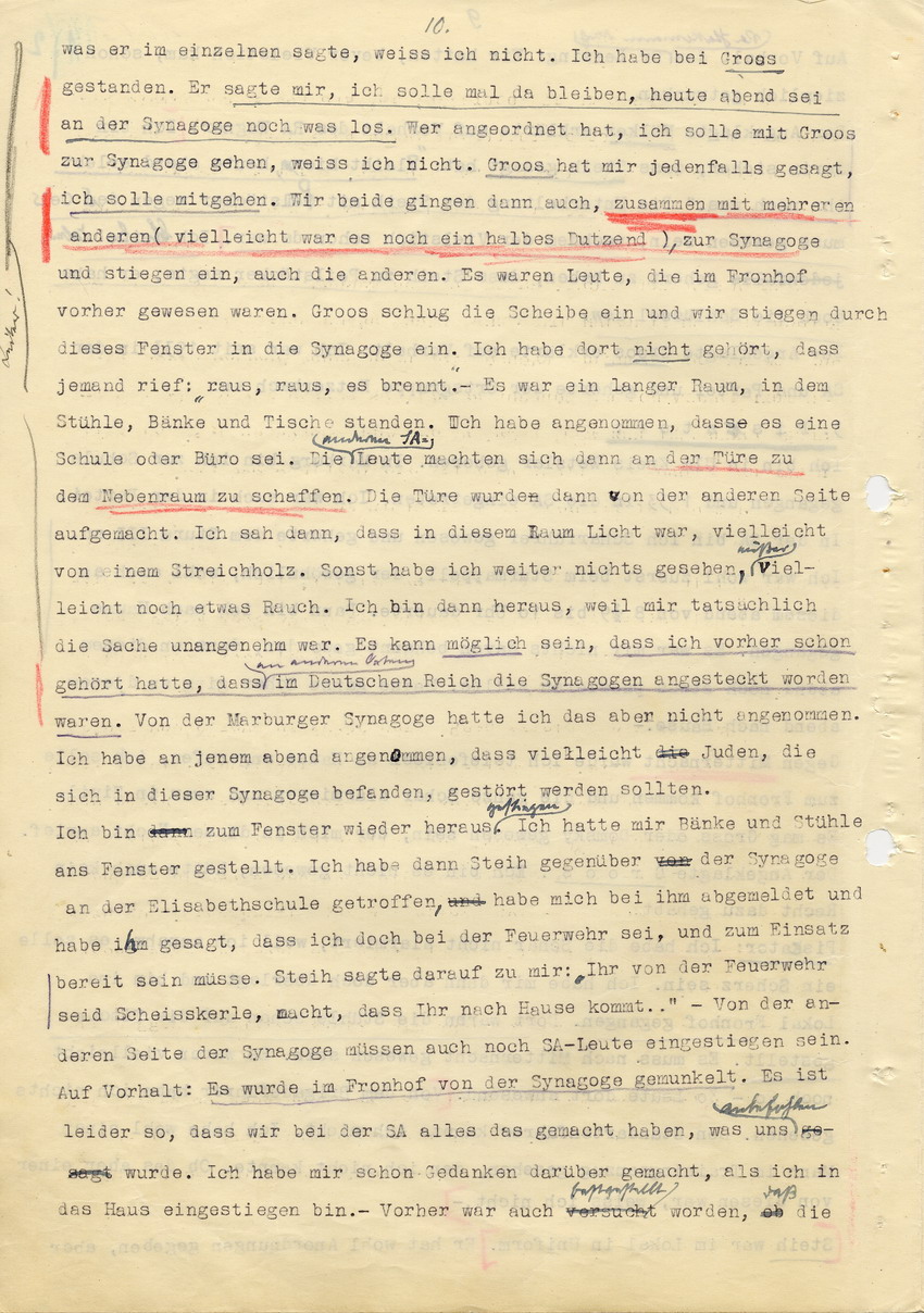 Hauptverhandlung der Strafkammer l des Landgerichts Marburg betr. die Strafsache wg. Inbrandsetzung der Synagoge in Marburg gegen Steih u.a. , 1. Verhandlungstag, 14. November 1947 [Dokumentenabschnitt 2]