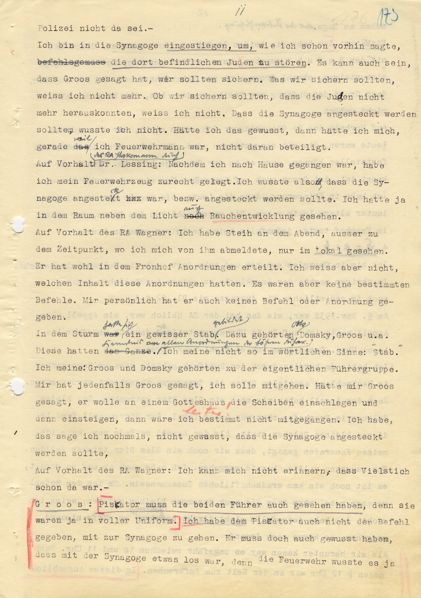 Hauptverhandlung der Strafkammer l des Landgerichts Marburg betr. die Strafsache wg. Inbrandsetzung der Synagoge in Marburg gegen Steih u.a. , 1. Verhandlungstag, 14. November 1947 [Dokumentenabschnitt 2]