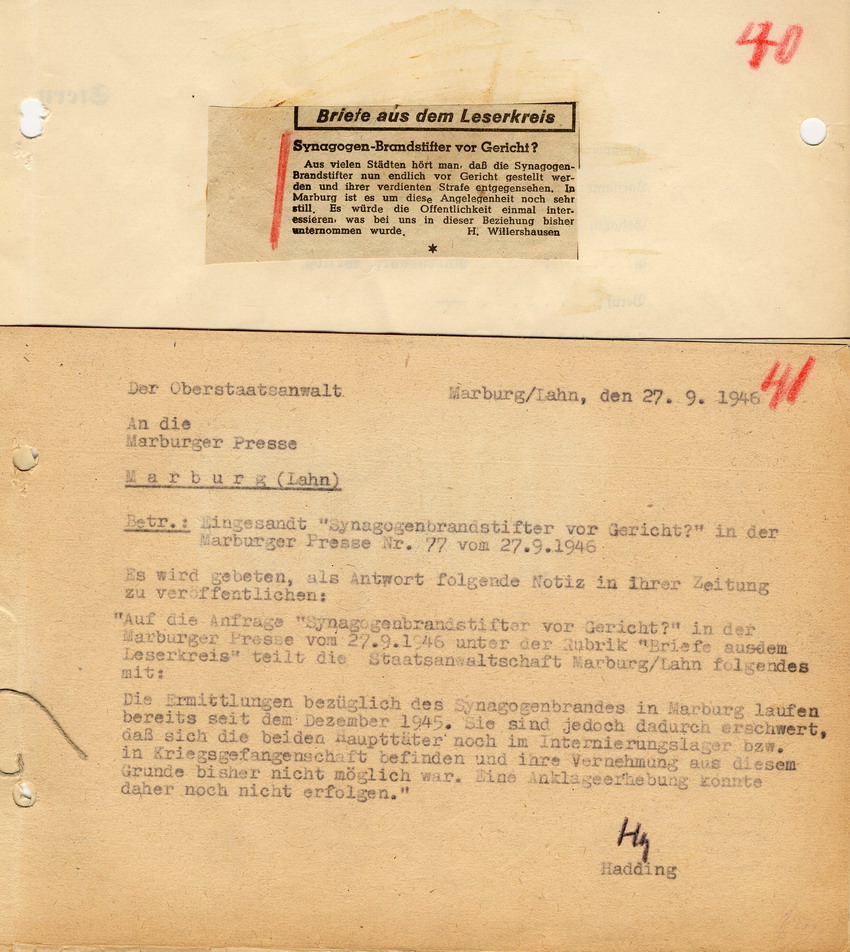 Antwortschreiben der Oberstaatsanwaltschaft an die Marburger Presse betreffend der Meldung: "Syanogogenbrandstifter vor Gericht?".  Marburg, 27. September 1946