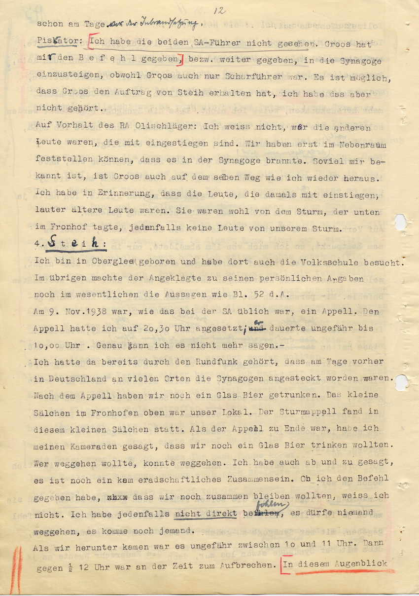 Hauptverhandlung der Strafkammer l des Landgerichts Marburg betr. die Strafsache wg. Inbrandsetzung der Synagoge in Marburg gegen Steih u.a., 1. Verhandlungstag, 14. November 1947 [Dokumentenabschnitt 3]