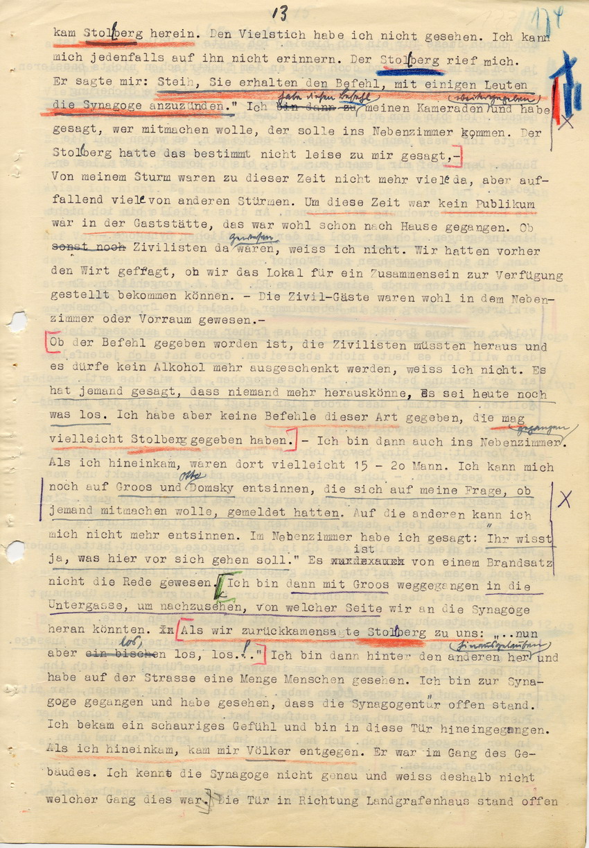 Hauptverhandlung der Strafkammer l des Landgerichts Marburg betr. die Strafsache wg. Inbrandsetzung der Synagoge in Marburg gegen Steih u.a., 1. Verhandlungstag, 14. November 1947 [Dokumentenabschnitt 3]