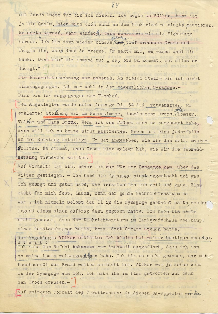 Hauptverhandlung der Strafkammer l des Landgerichts Marburg betr. die Strafsache wg. Inbrandsetzung der Synagoge in Marburg gegen Steih u.a., 1. Verhandlungstag, 14. November 1947 [Dokumentenabschnitt 3]