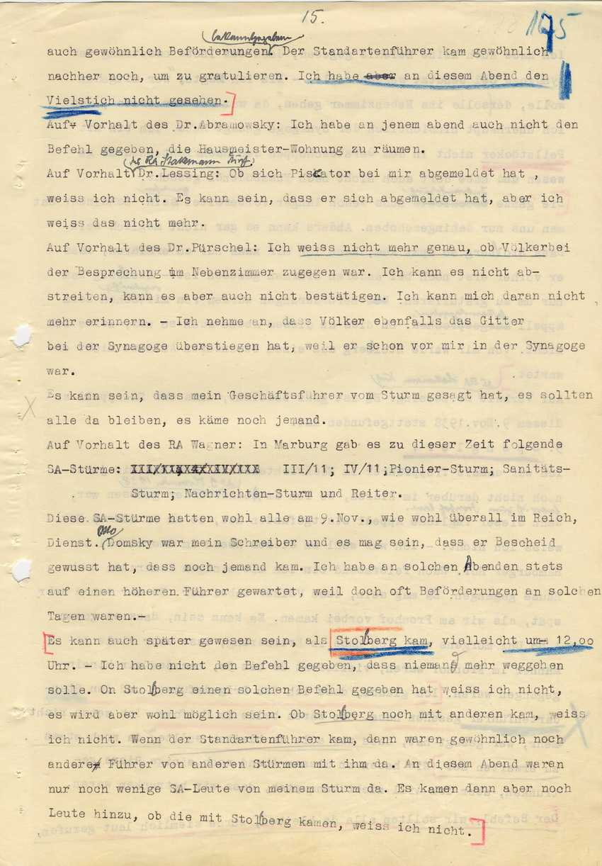 Hauptverhandlung der Strafkammer l des Landgerichts Marburg betr. die Strafsache wg. Inbrandsetzung der Synagoge in Marburg gegen Steih u.a., 1. Verhandlungstag, 14. November 1947 [Dokumentenabschnitt 3]