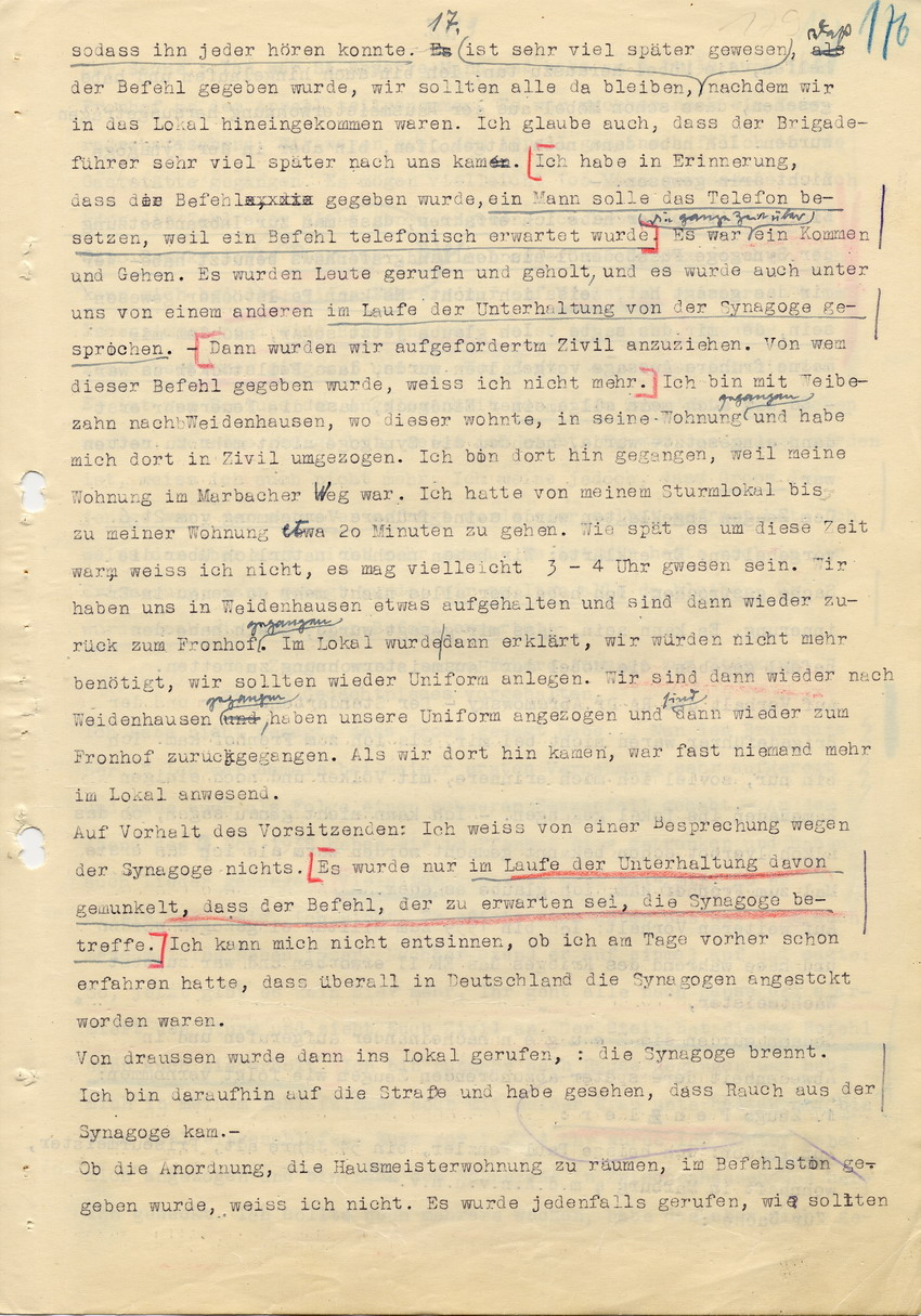 Hauptverhandlung der Strafkammer l des Landgerichts Marburg betr. die Strafsache wg. Inbrandsetzung der Synagoge in Marburg gegen Steih u.a., 1. Verhandlungstag, 14. November 1947 [Dokumentenabschnitt 3]